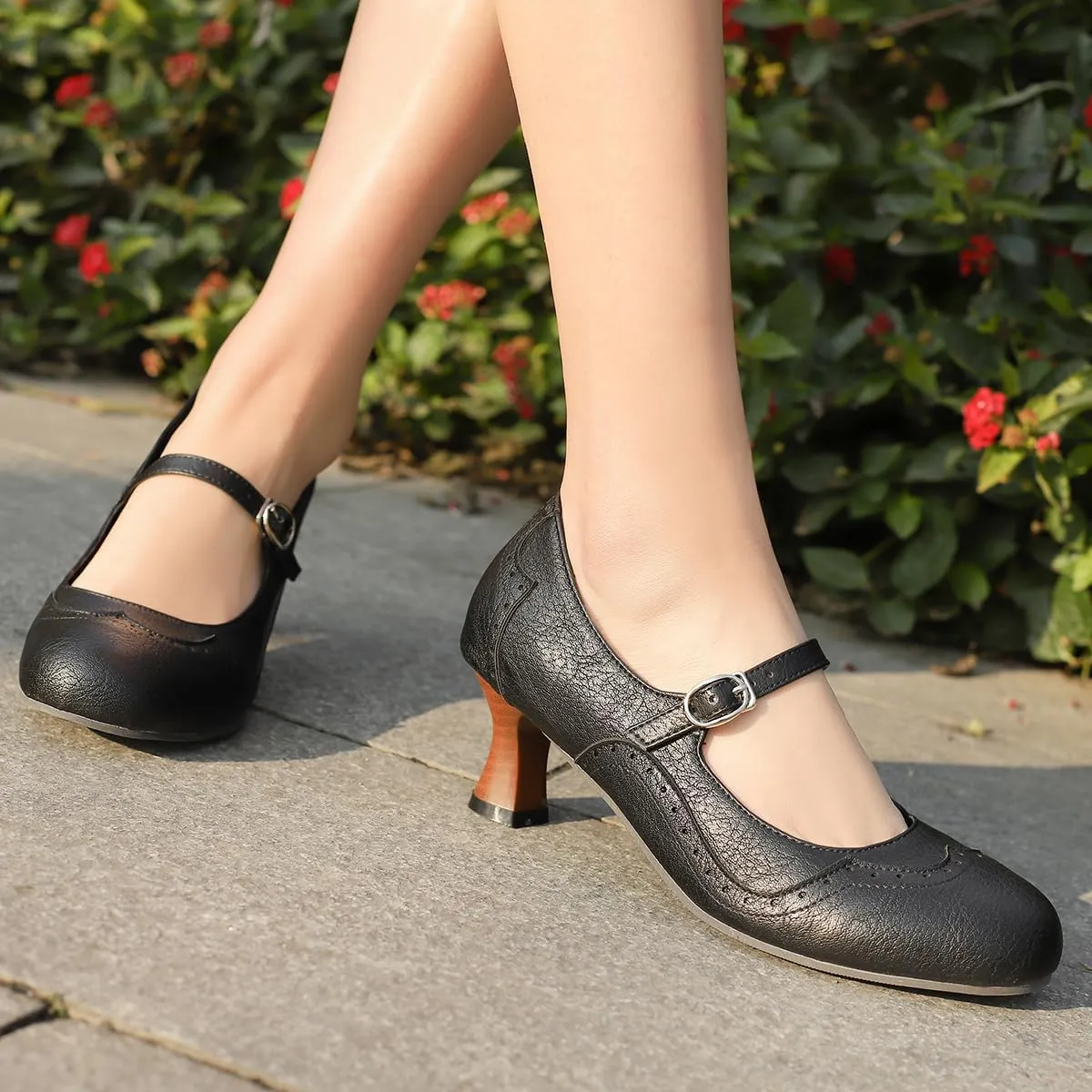 SHODENSE Women Kitten Heels Mary Jane Oxford Shoes Round Closed Toe Ankle Strap Dress Sandals Cutout Mid Block Heel Mary Jane Pumps Matte Criss-Cross Strappy Pumps Office Ladies Work Party 4-17 M US
