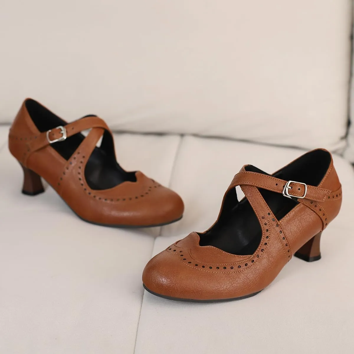 SHODENSE Women Kitten Heels Mary Jane Oxford Shoes Round Closed Toe Ankle Strap Dress Sandals Cutout Mid Block Heel Mary Jane Pumps Matte Criss-Cross Strappy Pumps Office Ladies Work Party 4-17 M US