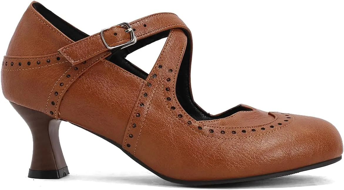 SHODENSE Women Kitten Heels Mary Jane Oxford Shoes Round Closed Toe Ankle Strap Dress Sandals Cutout Mid Block Heel Mary Jane Pumps Matte Criss-Cross Strappy Pumps Office Ladies Work Party 4-17 M US