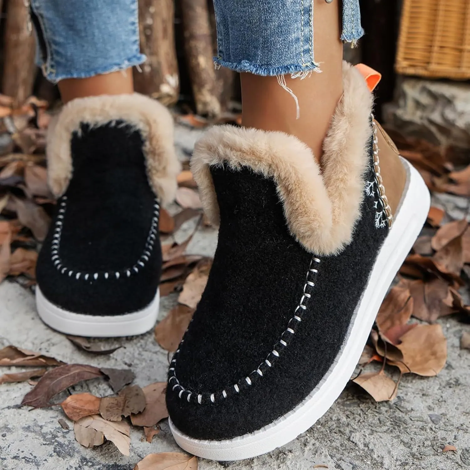 Snow Shoes For Men Non-Slip aterproof Fu Lined Ankle Booties Winter Walking Shoes For Men Slip On Shoes