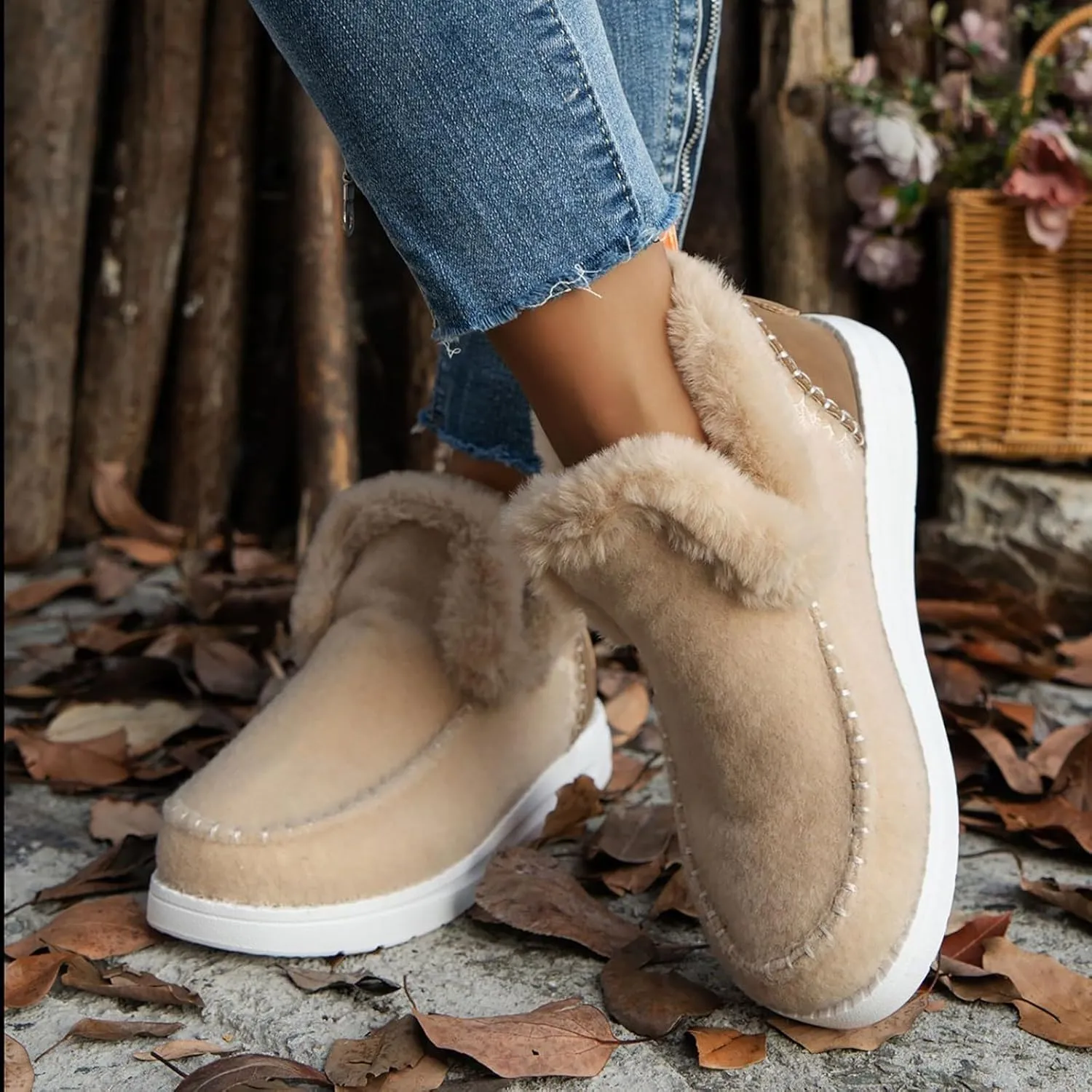 Snow Shoes For Men Non-Slip aterproof Fu Lined Ankle Booties Winter Walking Shoes For Men Slip On Shoes