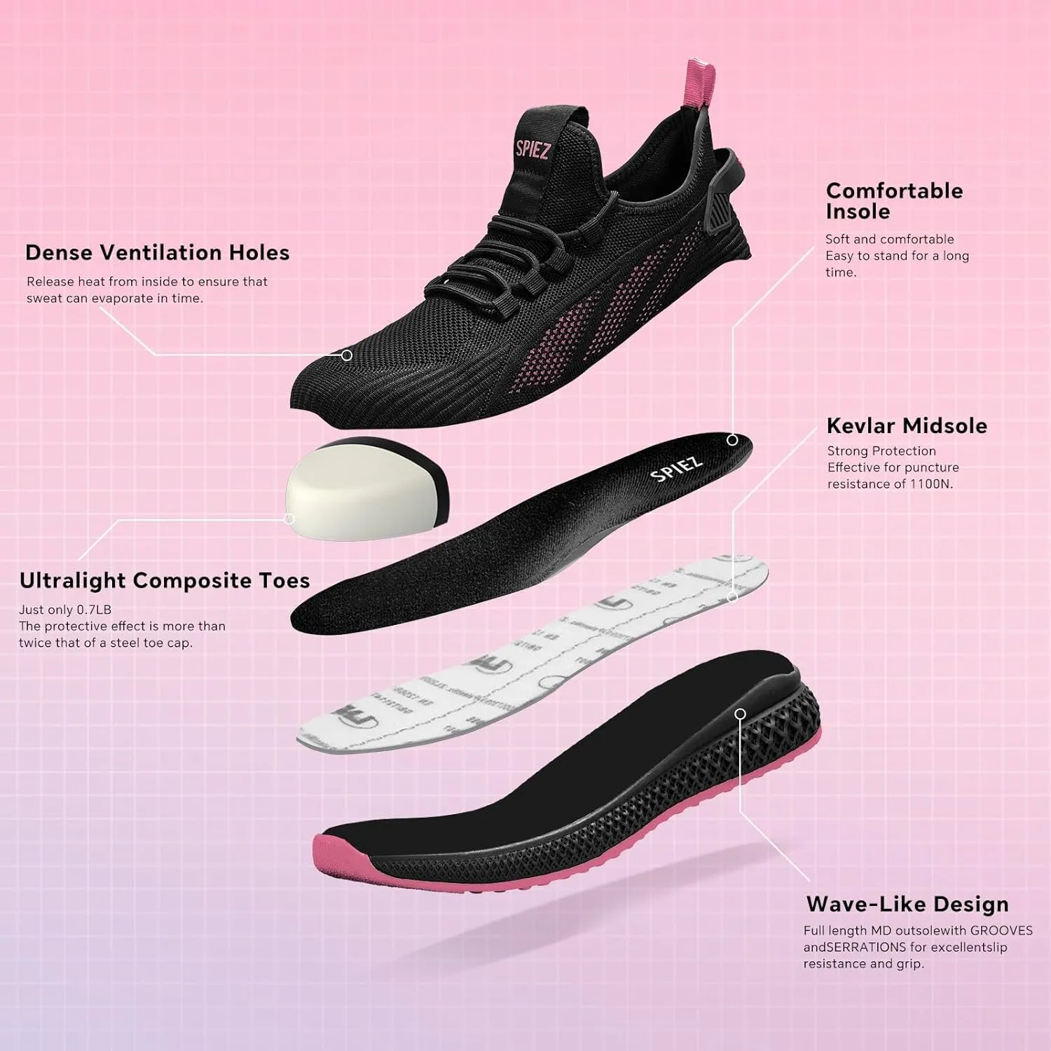 SPIEZ Slip on Safety Shoes for Women,Lightweight Non Slip Work Shoes,Air Cushion Safety Sneakers for Work and Daily Wear Black-Pink