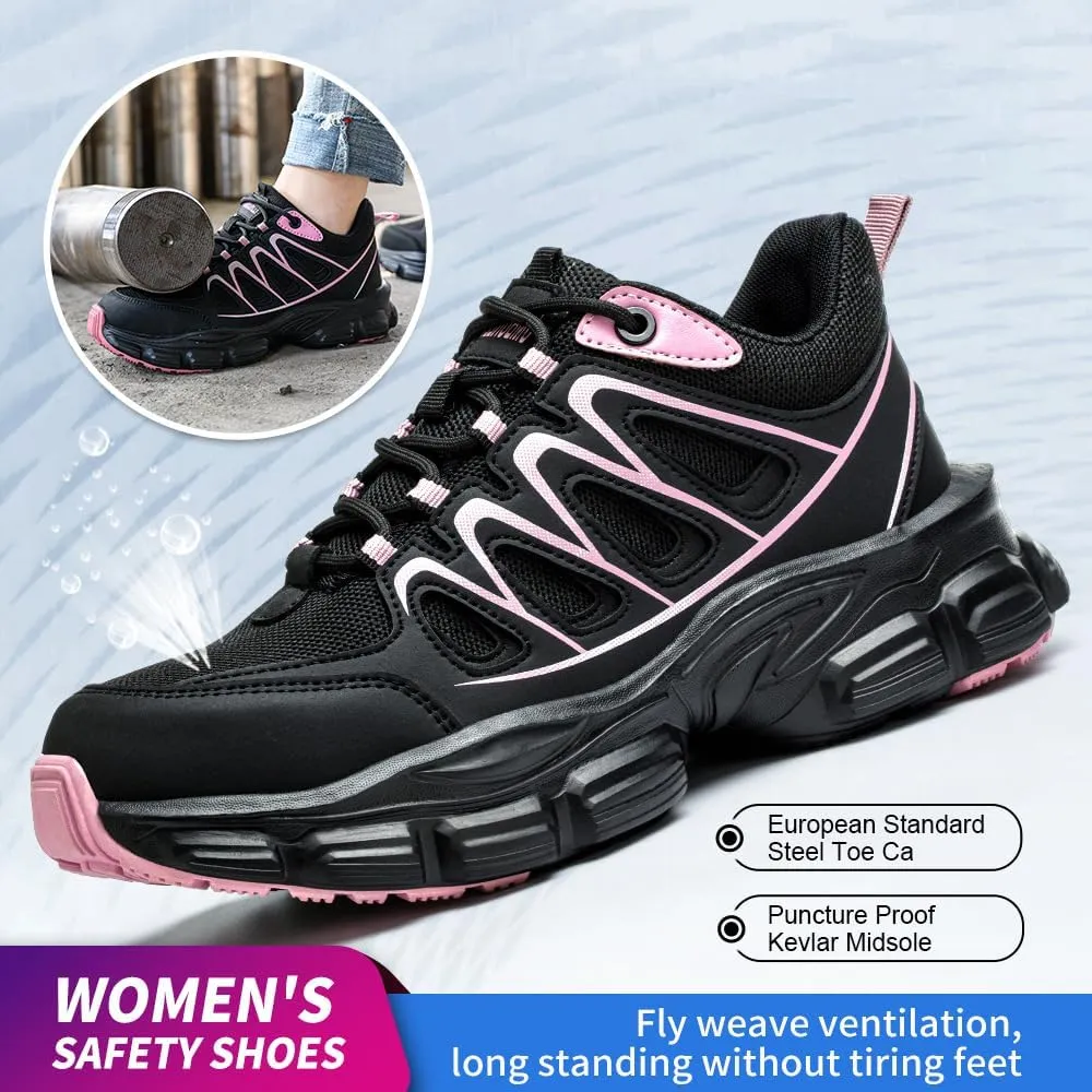 Steel Toe Shoes for Women Lightweight Contrast & Breathable Mesh Indestructible, Wide Width, Soft Comfort, Anti-Smashing & Puncture-Resistant, Non-Slip/Non-Skid