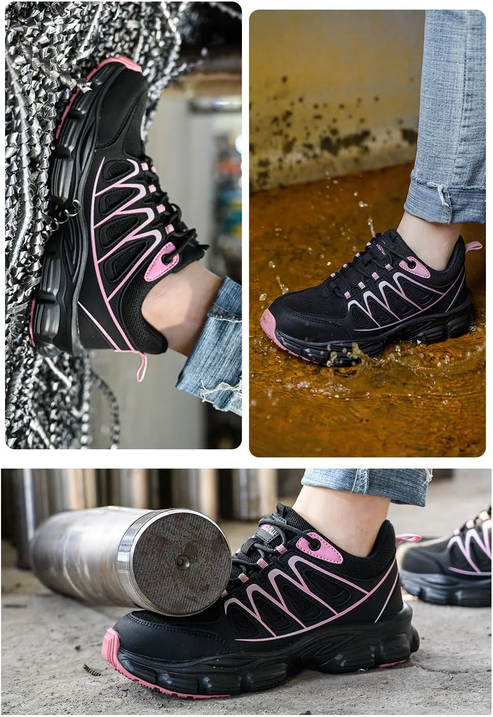 Steel Toe Shoes for Women Lightweight Contrast & Breathable Mesh Indestructible, Wide Width, Soft Comfort, Anti-Smashing & Puncture-Resistant, Non-Slip/Non-Skid