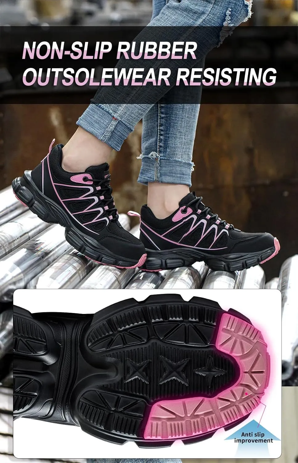 Steel Toe Shoes for Women Lightweight Contrast & Breathable Mesh Indestructible, Wide Width, Soft Comfort, Anti-Smashing & Puncture-Resistant, Non-Slip/Non-Skid
