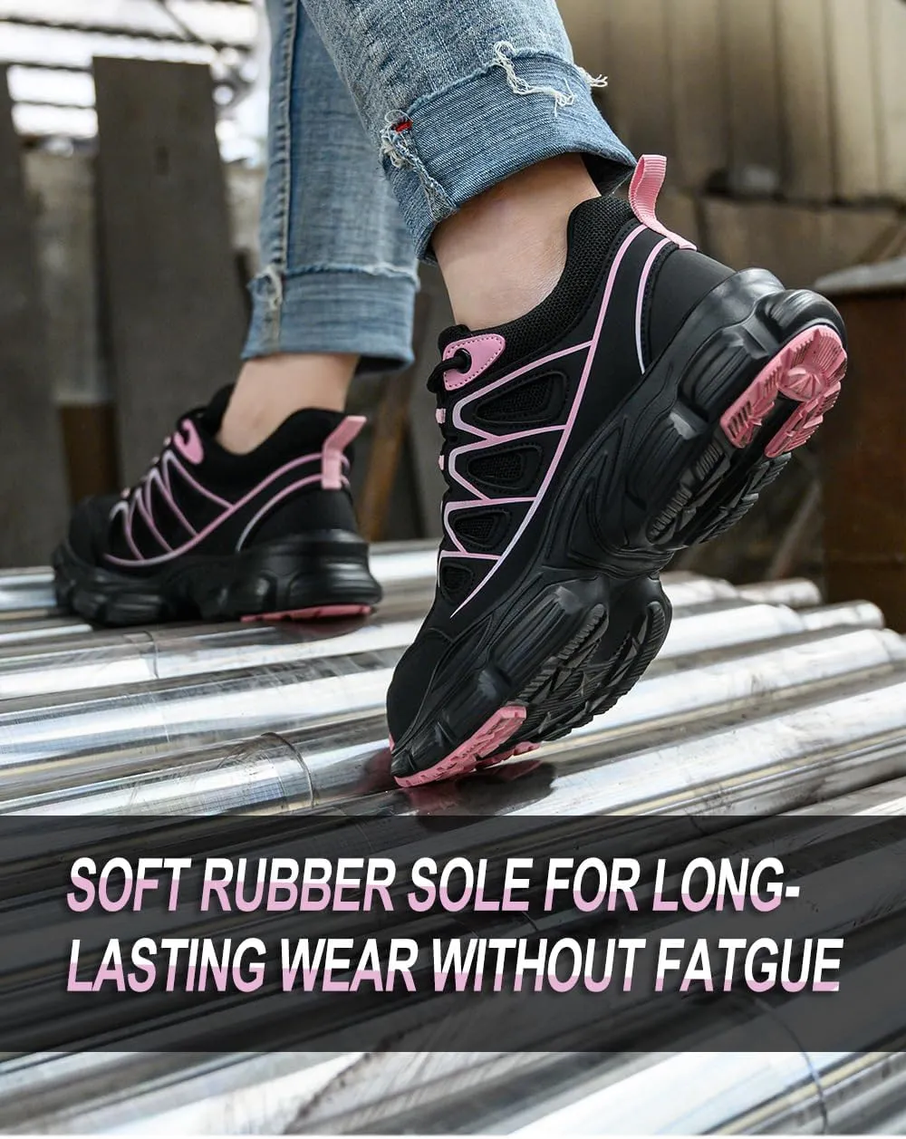 Steel Toe Shoes for Women Lightweight Contrast & Breathable Mesh Indestructible, Wide Width, Soft Comfort, Anti-Smashing & Puncture-Resistant, Non-Slip/Non-Skid