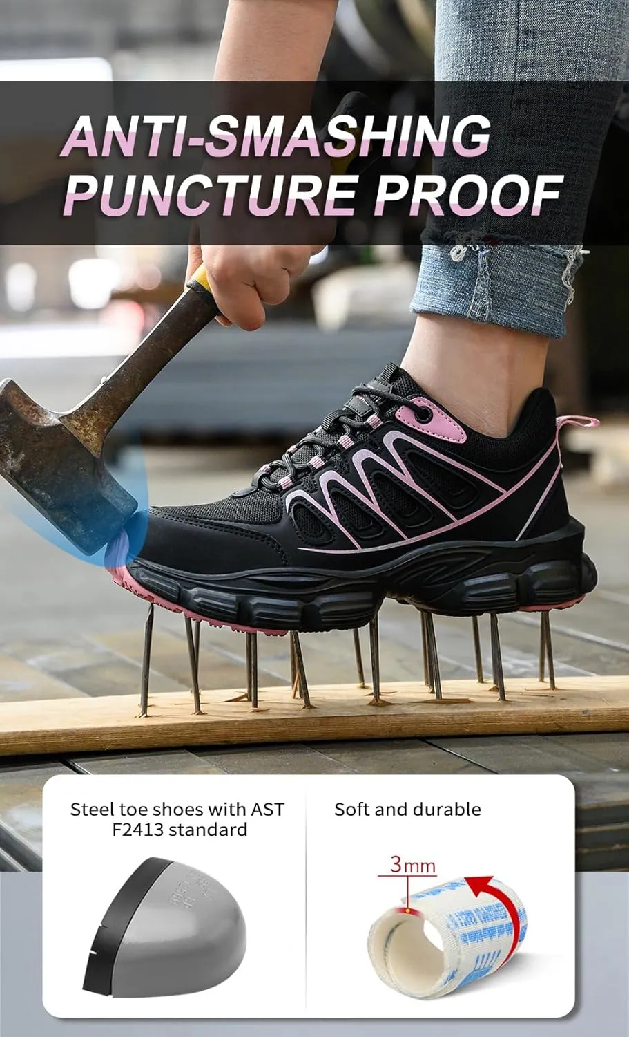Steel Toe Shoes for Women Lightweight Contrast & Breathable Mesh Indestructible, Wide Width, Soft Comfort, Anti-Smashing & Puncture-Resistant, Non-Slip/Non-Skid