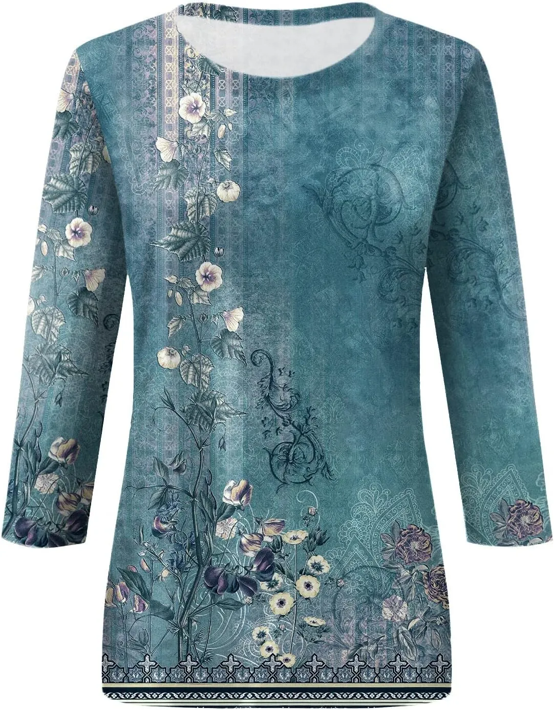 Summer Shirts for Women 3/4 Length Sleeve Crewneck Tops Trendy Loose Casual Printed Three Quarter Cute Blouse