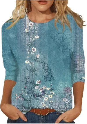 Summer Shirts for Women 3/4 Length Sleeve Crewneck Tops Trendy Loose Casual Printed Three Quarter Cute Blouse