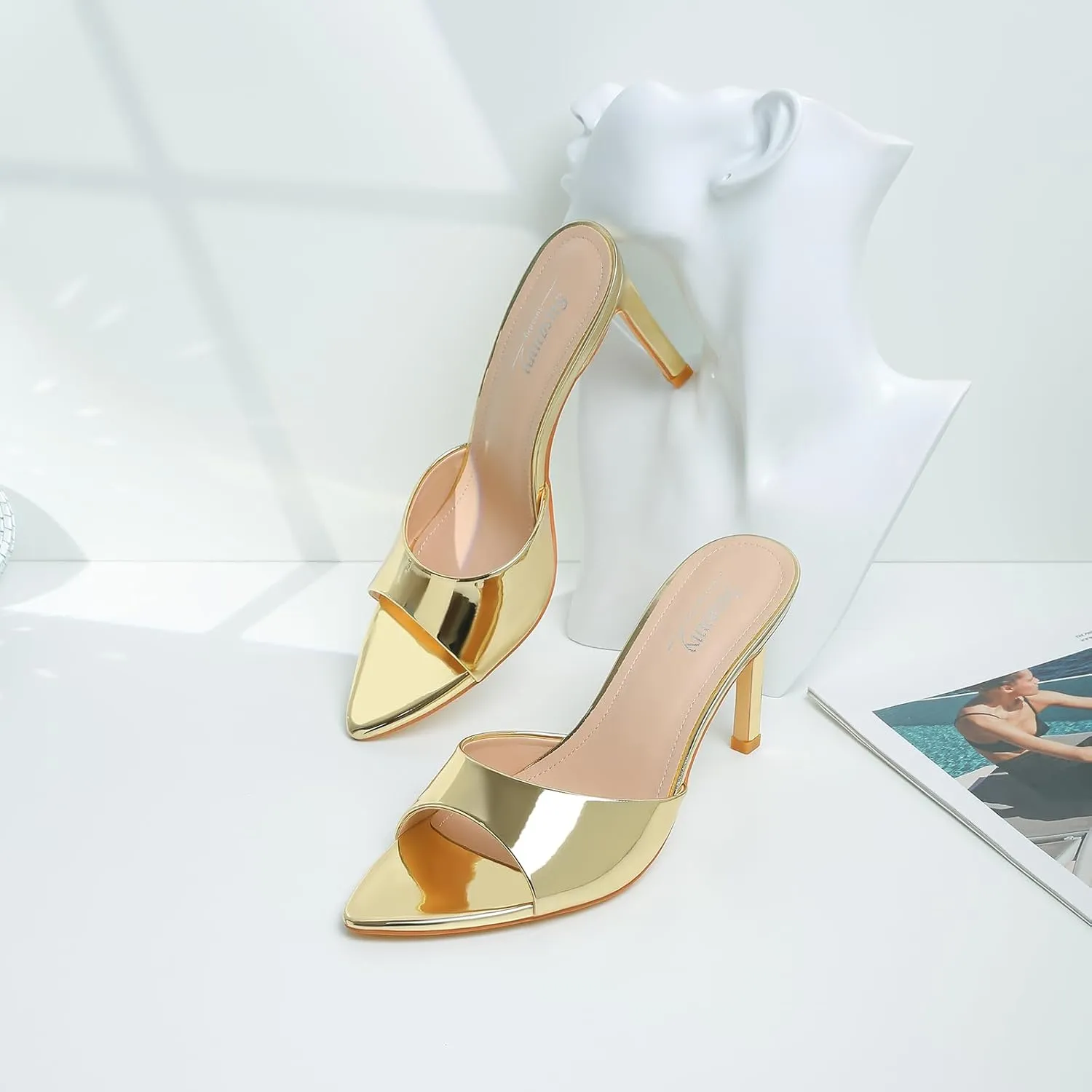 Susanny Women's Sandals Heels Mule High Heels Pointed Open Toe Sandals Sexy Slip on Heeled Summer Casual Wedding Prom Party Comfortable Dressy Shoes