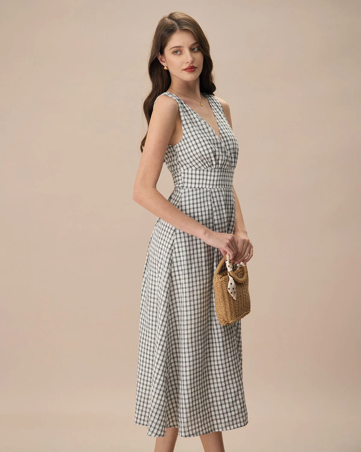 The Black V-Neck Plaid Tie Strap Cotton Midi Dress