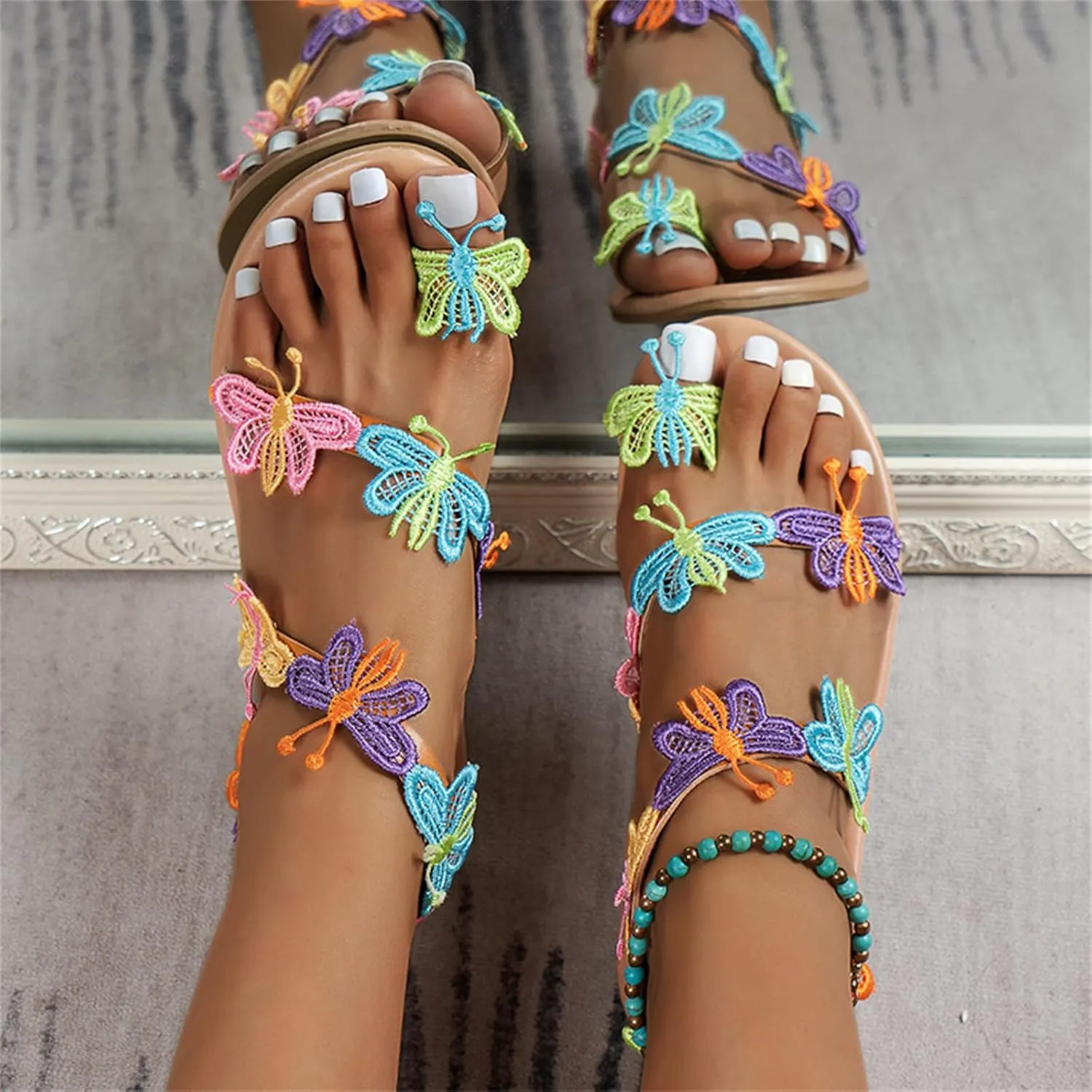 Thong Sandals for Women 2023 New Womens Bohemia Butterfly Embroidered Flat Sandals Summer Comfort Clip Toe Beach Flip-Flop Slippers Walking Dress Shoes,Color,US12/EU43