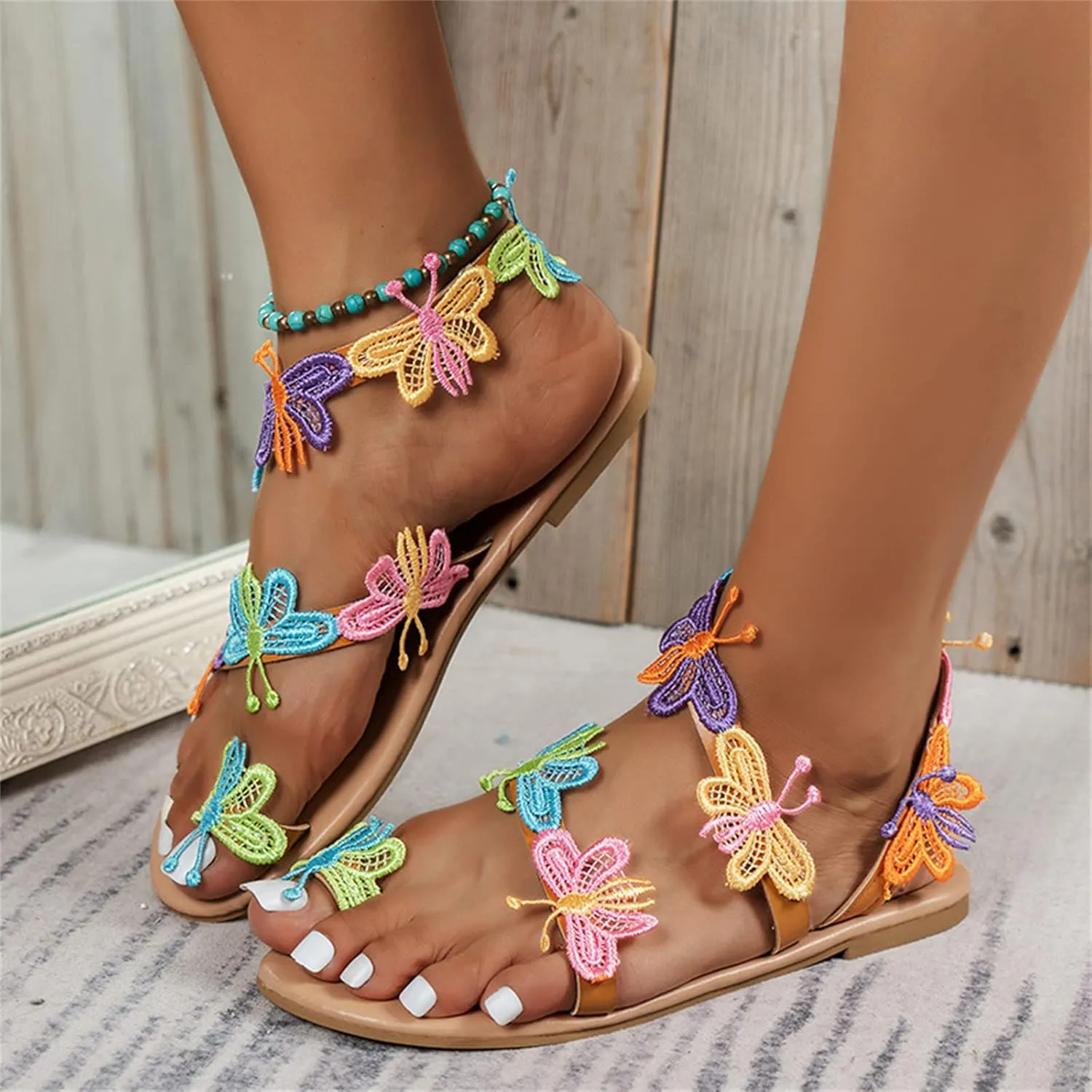 Thong Sandals for Women 2023 New Womens Bohemia Butterfly Embroidered Flat Sandals Summer Comfort Clip Toe Beach Flip-Flop Slippers Walking Dress Shoes,Color,US12/EU43