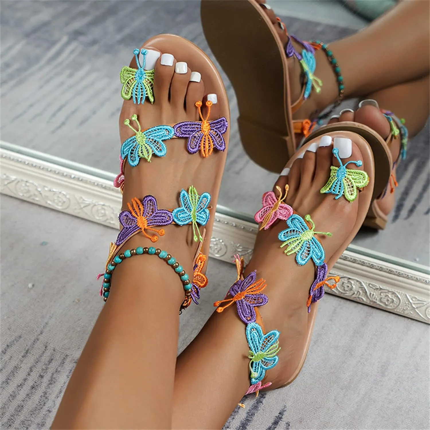 Thong Sandals for Women 2023 New Womens Bohemia Butterfly Embroidered Flat Sandals Summer Comfort Clip Toe Beach Flip-Flop Slippers Walking Dress Shoes,Color,US12/EU43