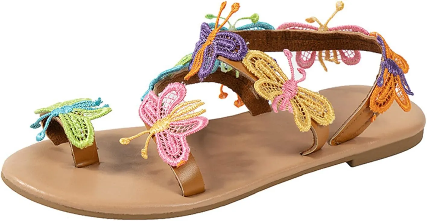 Thong Sandals for Women 2023 New Womens Bohemia Butterfly Embroidered Flat Sandals Summer Comfort Clip Toe Beach Flip-Flop Slippers Walking Dress Shoes,Color,US12/EU43