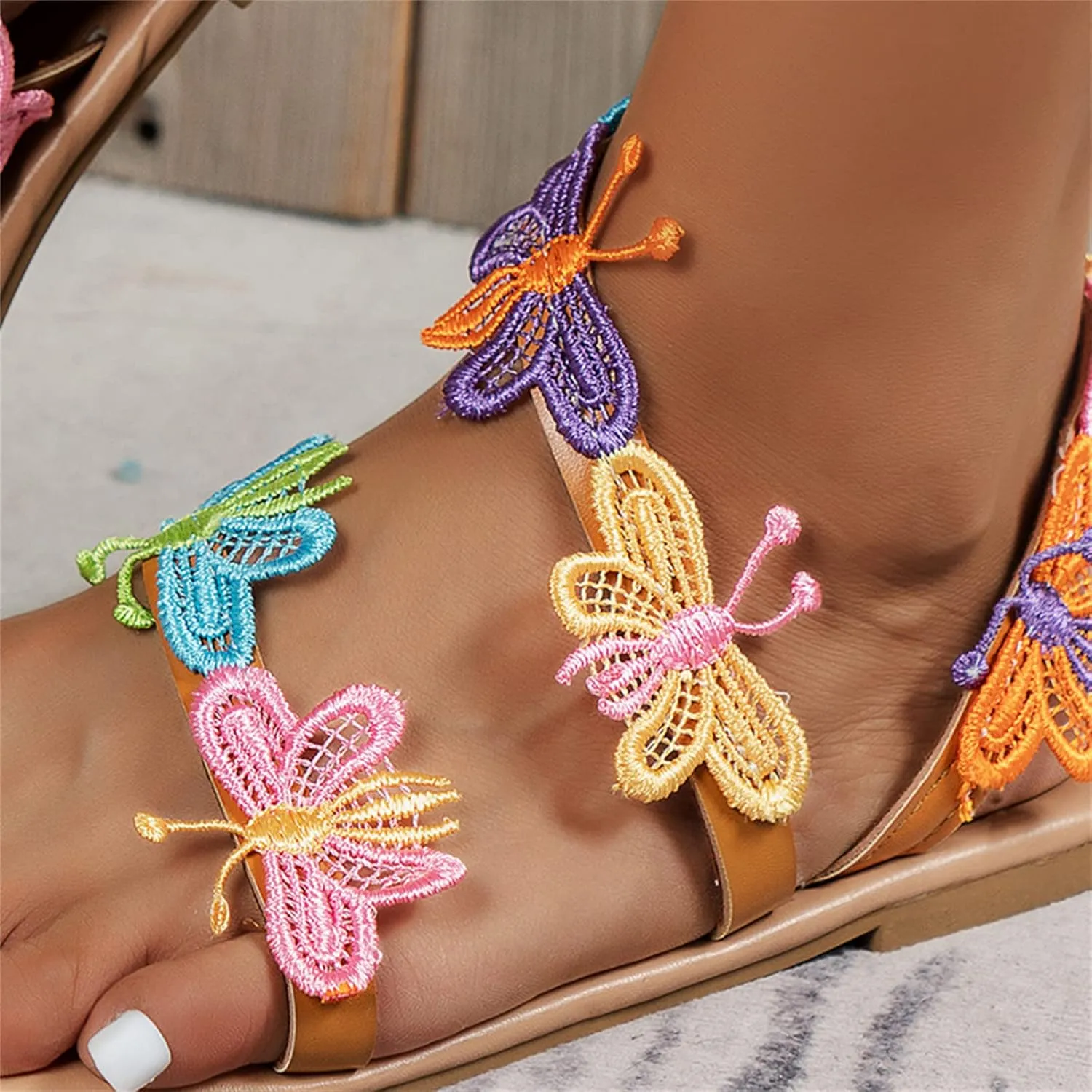 Thong Sandals for Women 2023 New Womens Bohemia Butterfly Embroidered Flat Sandals Summer Comfort Clip Toe Beach Flip-Flop Slippers Walking Dress Shoes,Color,US12/EU43