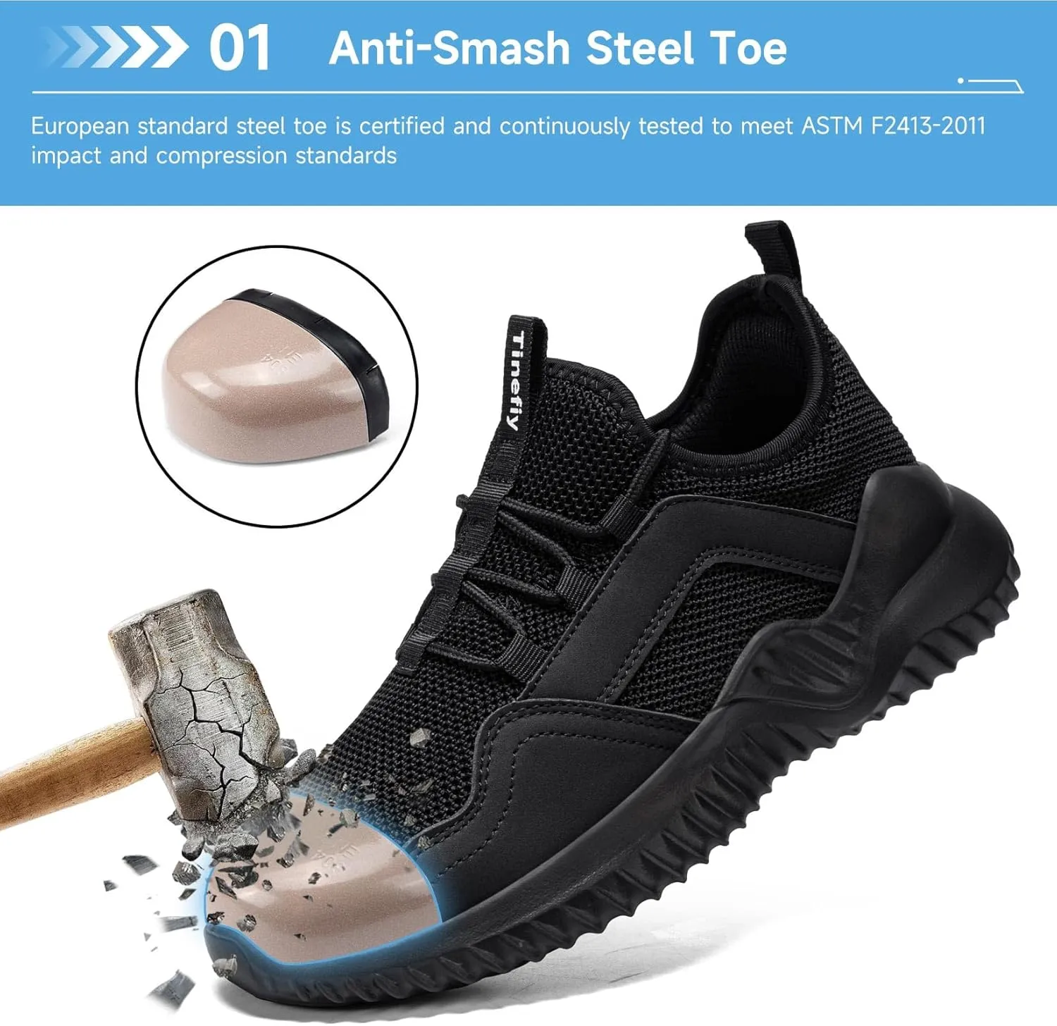 Tinefiy Steel Toe Shoes for Women Lightweight Safety Shoes Air Cushion Comfortable Slip Resistant Indestructible Womens Puncture Proof Work Shoe
