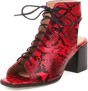VOKLIN Women's Fashion Peep Toe Chunky Block Mid Heel Sandals Shoes Lace Up Cutout Dress Pump Sandal Booties