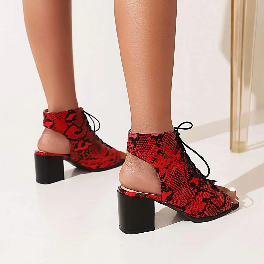 VOKLIN Women's Fashion Peep Toe Chunky Block Mid Heel Sandals Shoes Lace Up Cutout Dress Pump Sandal Booties