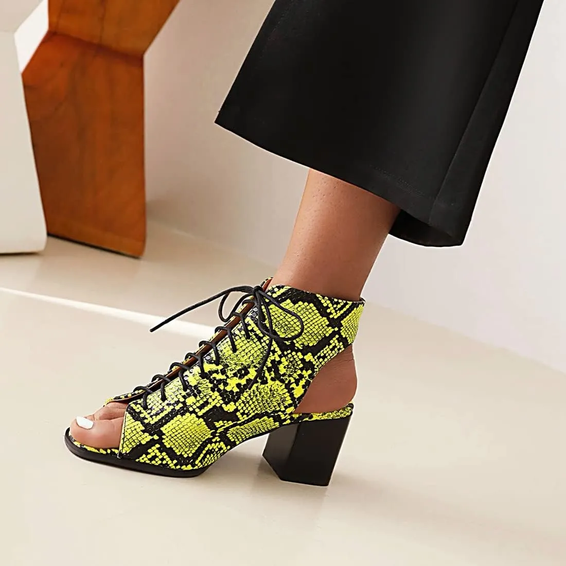VOKLIN Women's Fashion Peep Toe Chunky Block Mid Heel Sandals Shoes Lace Up Cutout Dress Pump Sandal Booties