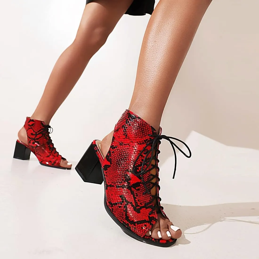 VOKLIN Women's Fashion Peep Toe Chunky Block Mid Heel Sandals Shoes Lace Up Cutout Dress Pump Sandal Booties
