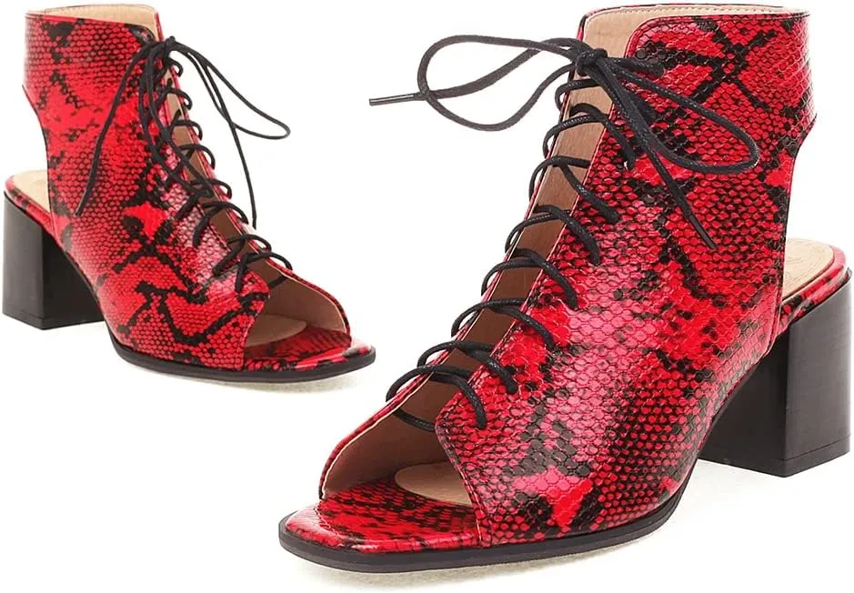 VOKLIN Women's Fashion Peep Toe Chunky Block Mid Heel Sandals Shoes Lace Up Cutout Dress Pump Sandal Booties