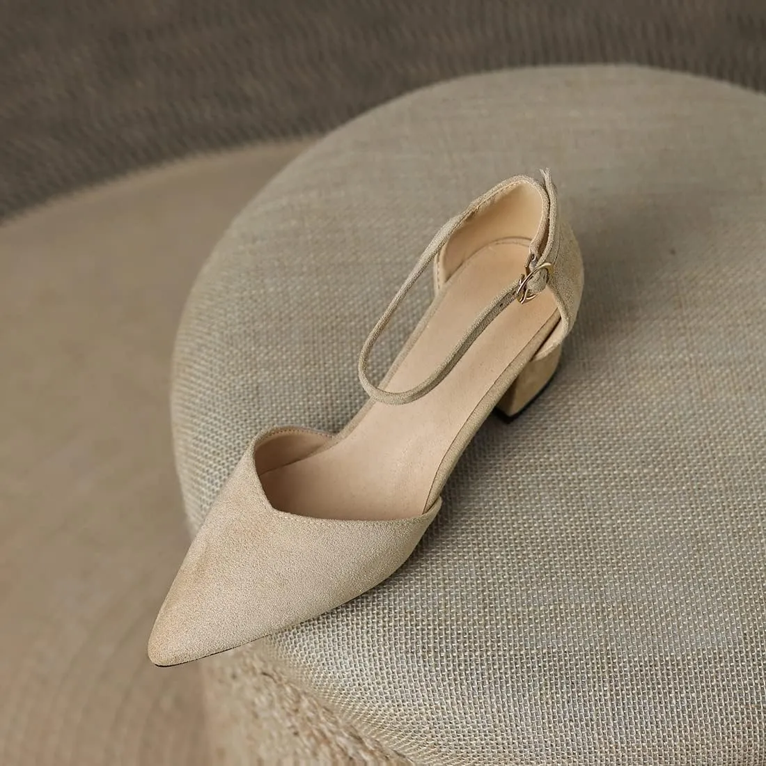 VOKLIN Women's Pointed Toe Block Low Heel Sandals Suede Ankle Strap D'Orsay Pump Party Dressy Heeled Sandal