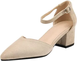 VOKLIN Women's Pointed Toe Block Low Heel Sandals Suede Ankle Strap D'Orsay Pump Party Dressy Heeled Sandal