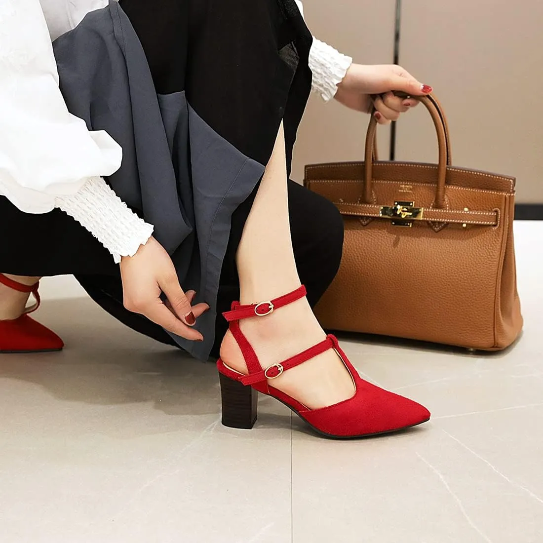 VOKLIN Women's Pointed Toe T-strap Block High Heel Dress Sandals Ankle Strap Party Pump Dressy Heeled Sandal