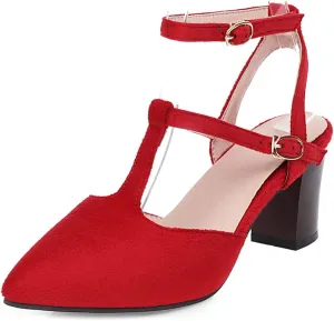 VOKLIN Women's Pointed Toe T-strap Block High Heel Dress Sandals Ankle Strap Party Pump Dressy Heeled Sandal