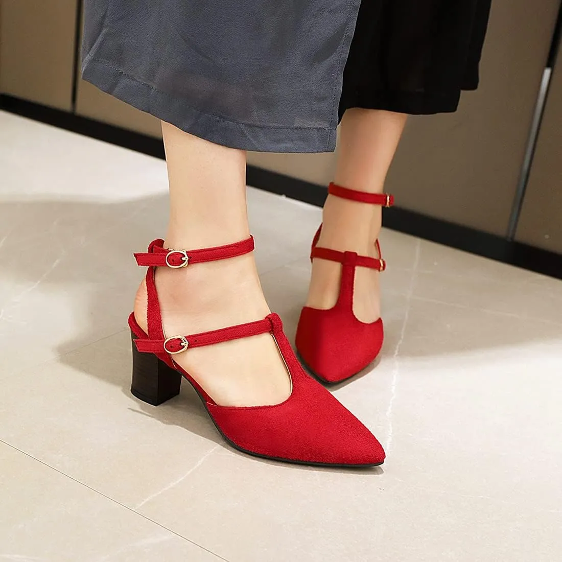 VOKLIN Women's Pointed Toe T-strap Block High Heel Dress Sandals Ankle Strap Party Pump Dressy Heeled Sandal