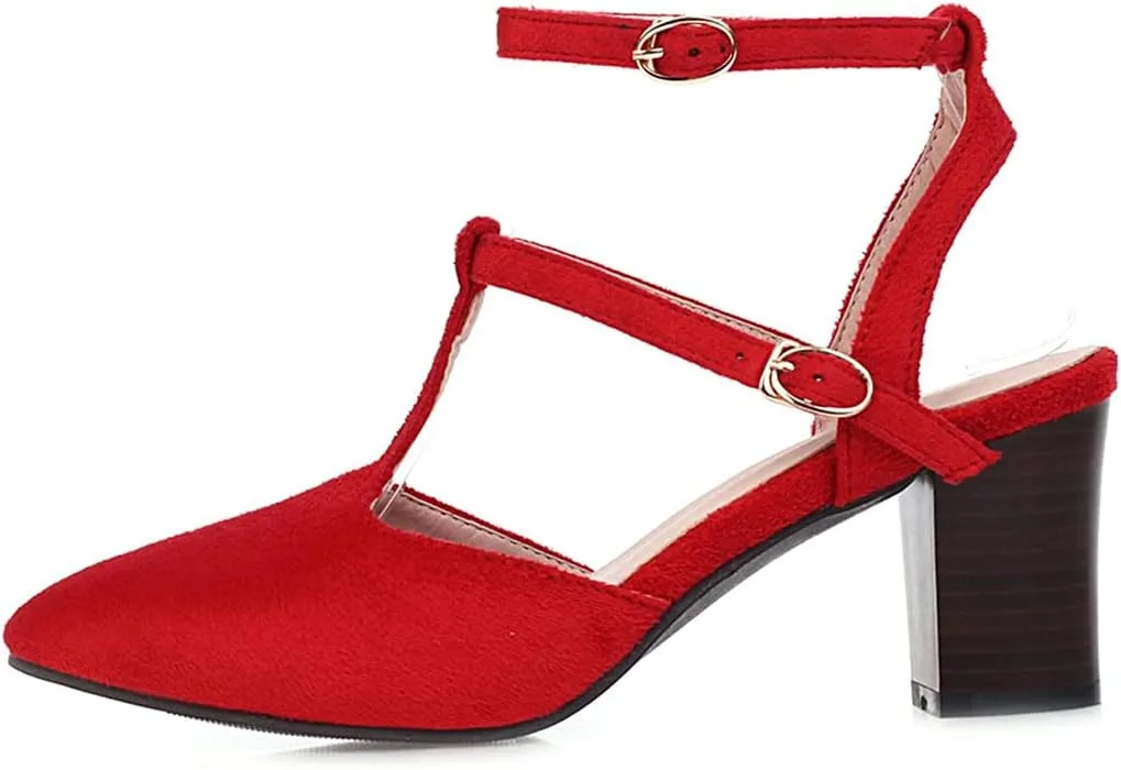 VOKLIN Women's Pointed Toe T-strap Block High Heel Dress Sandals Ankle Strap Party Pump Dressy Heeled Sandal