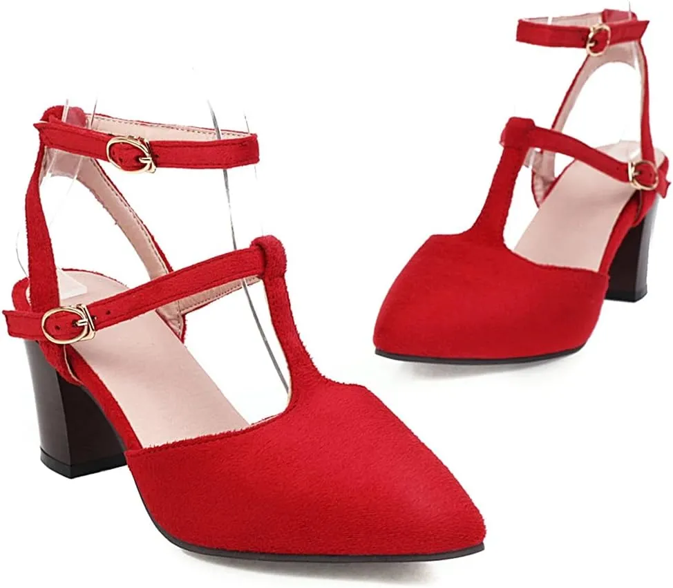 VOKLIN Women's Pointed Toe T-strap Block High Heel Dress Sandals Ankle Strap Party Pump Dressy Heeled Sandal