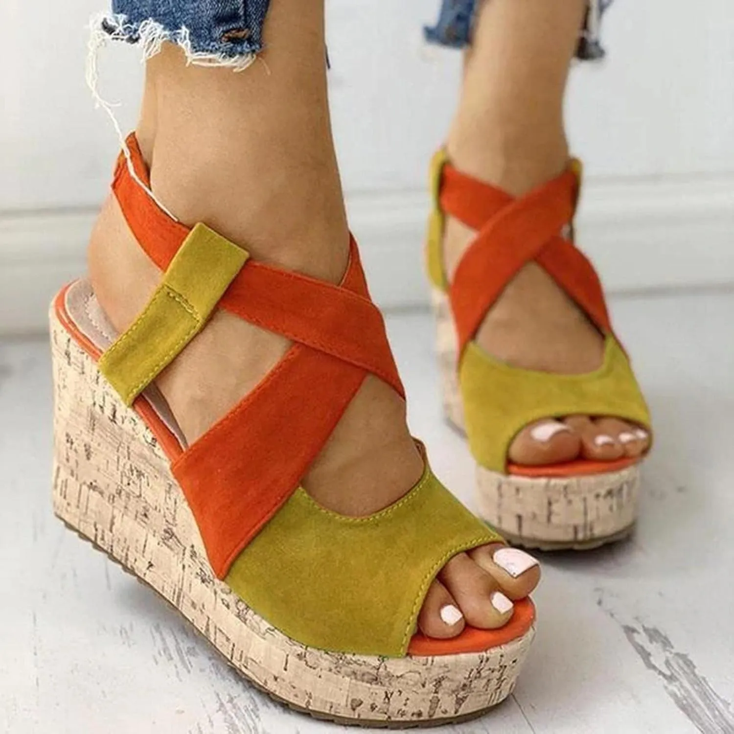 Wedge Sandal for Women Ankle Strap Flatform Arch Support Fish Mouth Toe Shoes Platform Espadrilles Chunky Non-Slip
