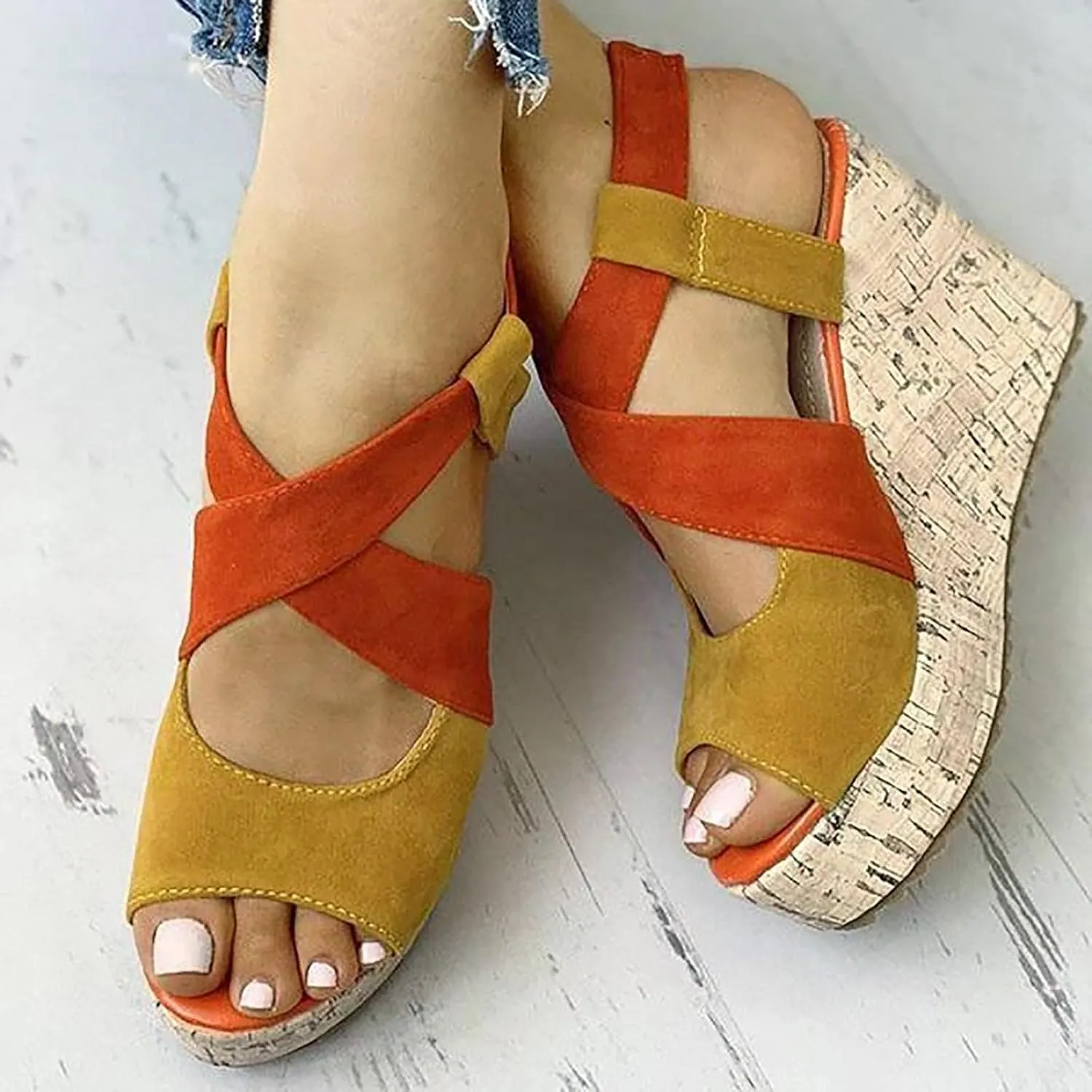 Wedge Sandal for Women Ankle Strap Flatform Arch Support Fish Mouth Toe Shoes Platform Espadrilles Chunky Non-Slip