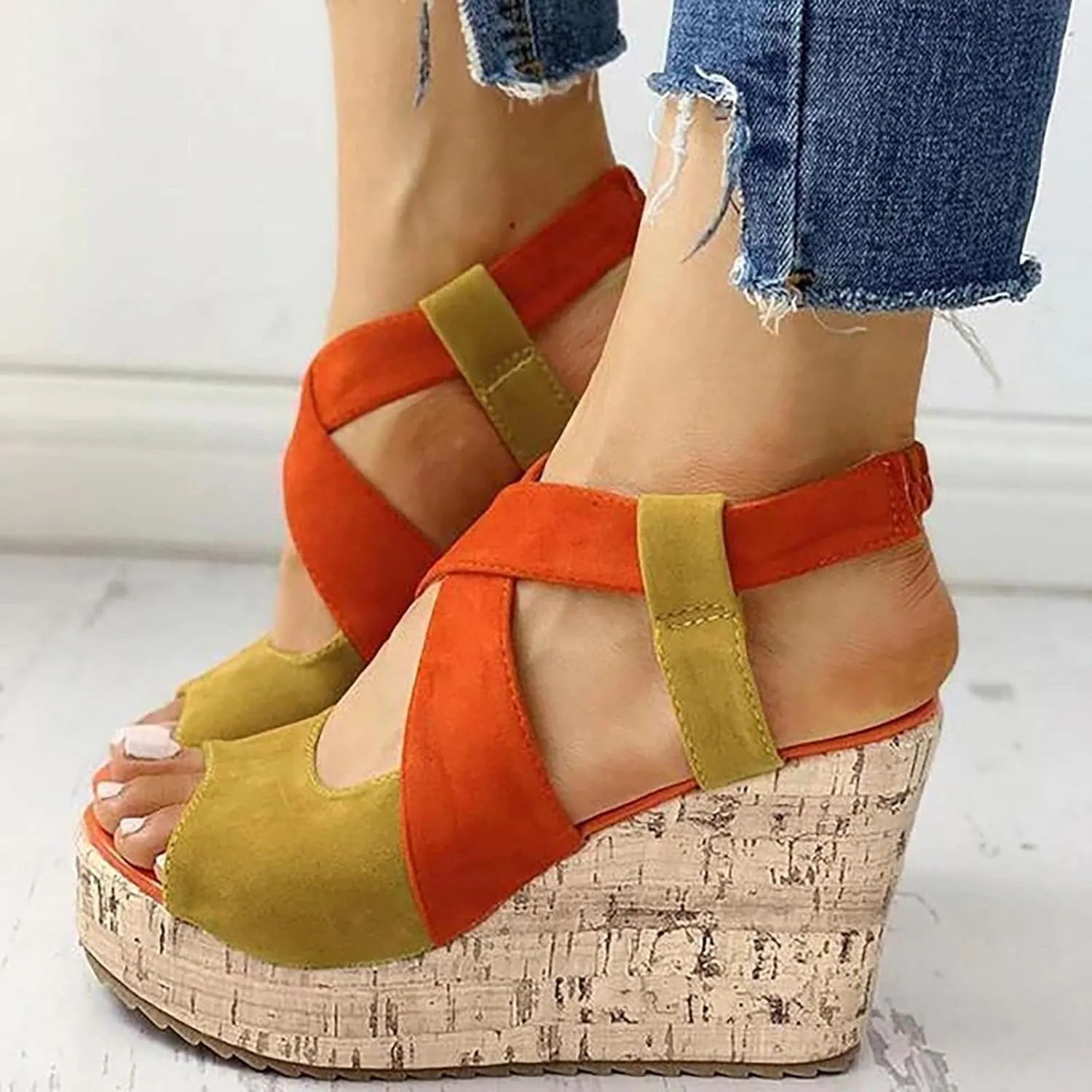 Wedge Sandal for Women Ankle Strap Flatform Arch Support Fish Mouth Toe Shoes Platform Espadrilles Chunky Non-Slip