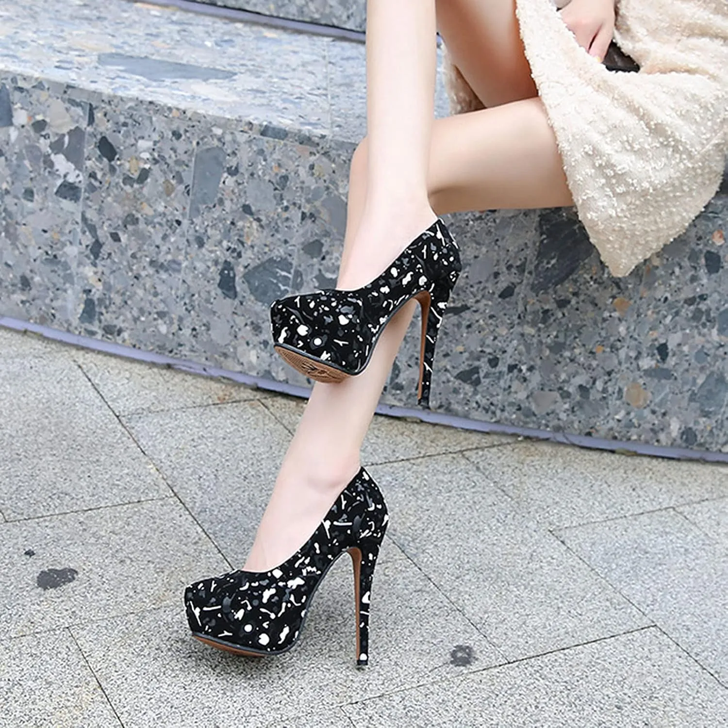 WOilERQ Round Toe Women's High Heels Pump Type Waterproof Platform Stiletto High Heel Round Toe Print Pump Crystal Wedding Shoes Party Dress High Heels