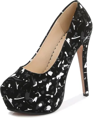 WOilERQ Round Toe Women's High Heels Pump Type Waterproof Platform Stiletto High Heel Round Toe Print Pump Crystal Wedding Shoes Party Dress High Heels