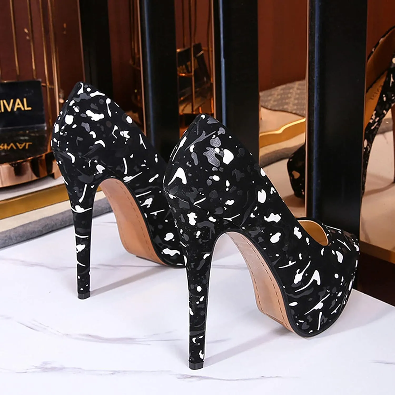 WOilERQ Round Toe Women's High Heels Pump Type Waterproof Platform Stiletto High Heel Round Toe Print Pump Crystal Wedding Shoes Party Dress High Heels