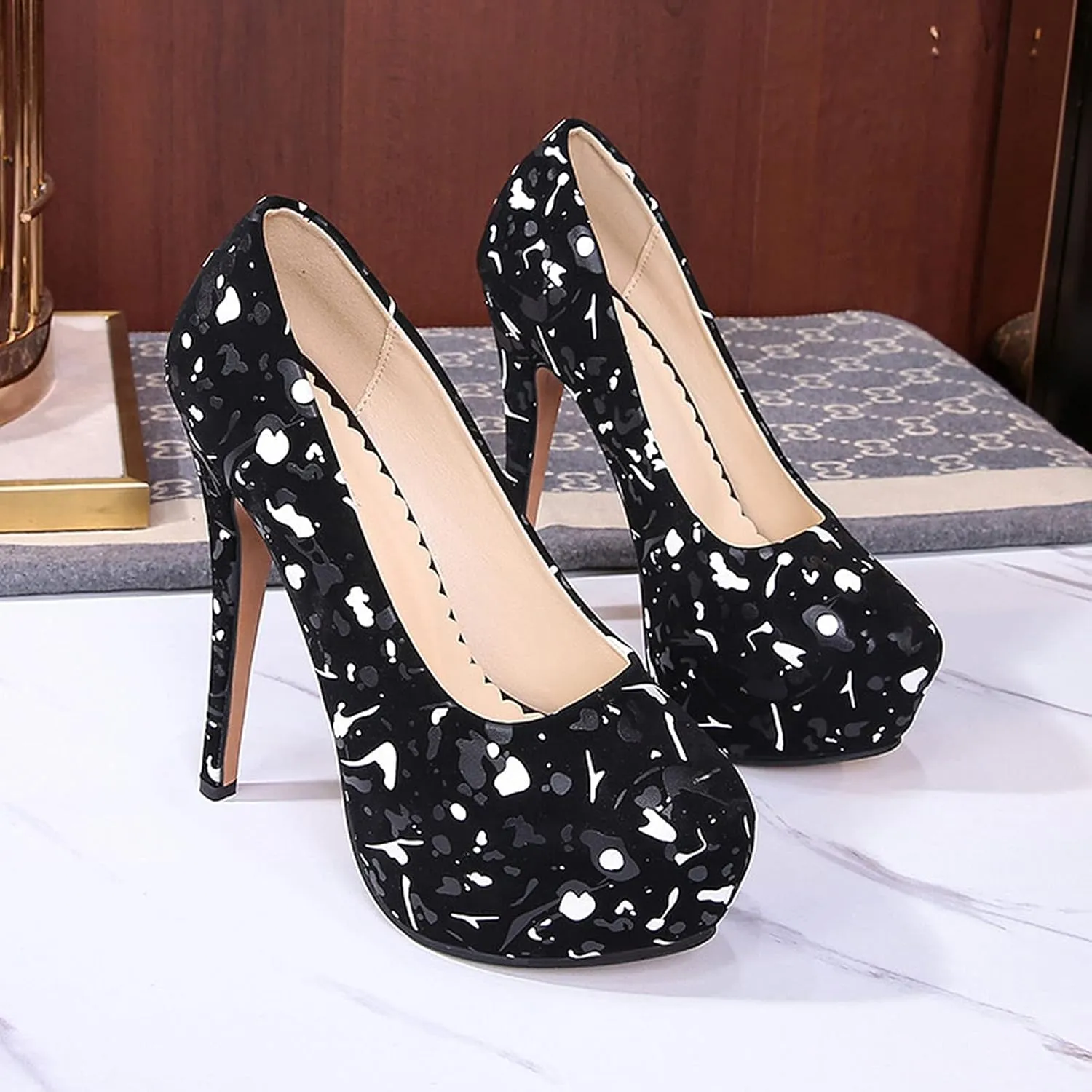 WOilERQ Round Toe Women's High Heels Pump Type Waterproof Platform Stiletto High Heel Round Toe Print Pump Crystal Wedding Shoes Party Dress High Heels