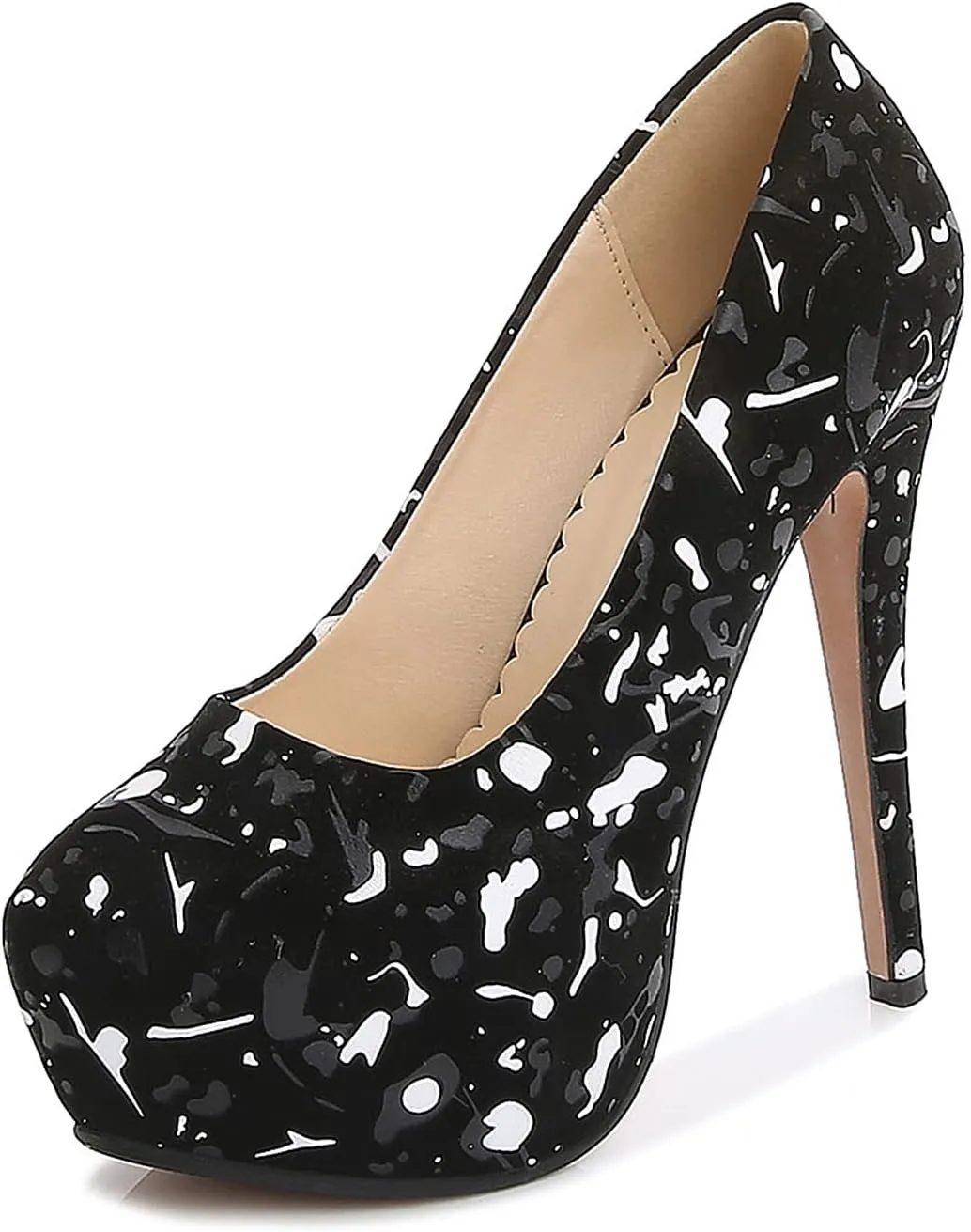 WOilERQ Round Toe Women's High Heels Pump Type Waterproof Platform Stiletto High Heel Round Toe Print Pump Crystal Wedding Shoes Party Dress High Heels