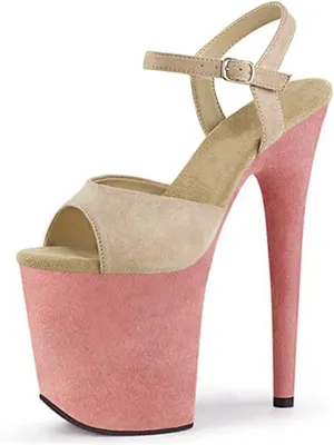 WOilERQ Women Ankle Strap Sandals Peep Open Toe Stiletto High Heel Party Dress Shoes 7.8Inch Color Block Suede Platform Stripper Prom Sandals,Beige,7