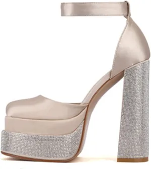 WOilERQ Women Platform Pump Sandals 5.5" Chunky Block Heel Ankle Strap Buckle Closed Square Toe Party Street high Heels Rhinestone Evening Party Dress Shoes,Gold,5