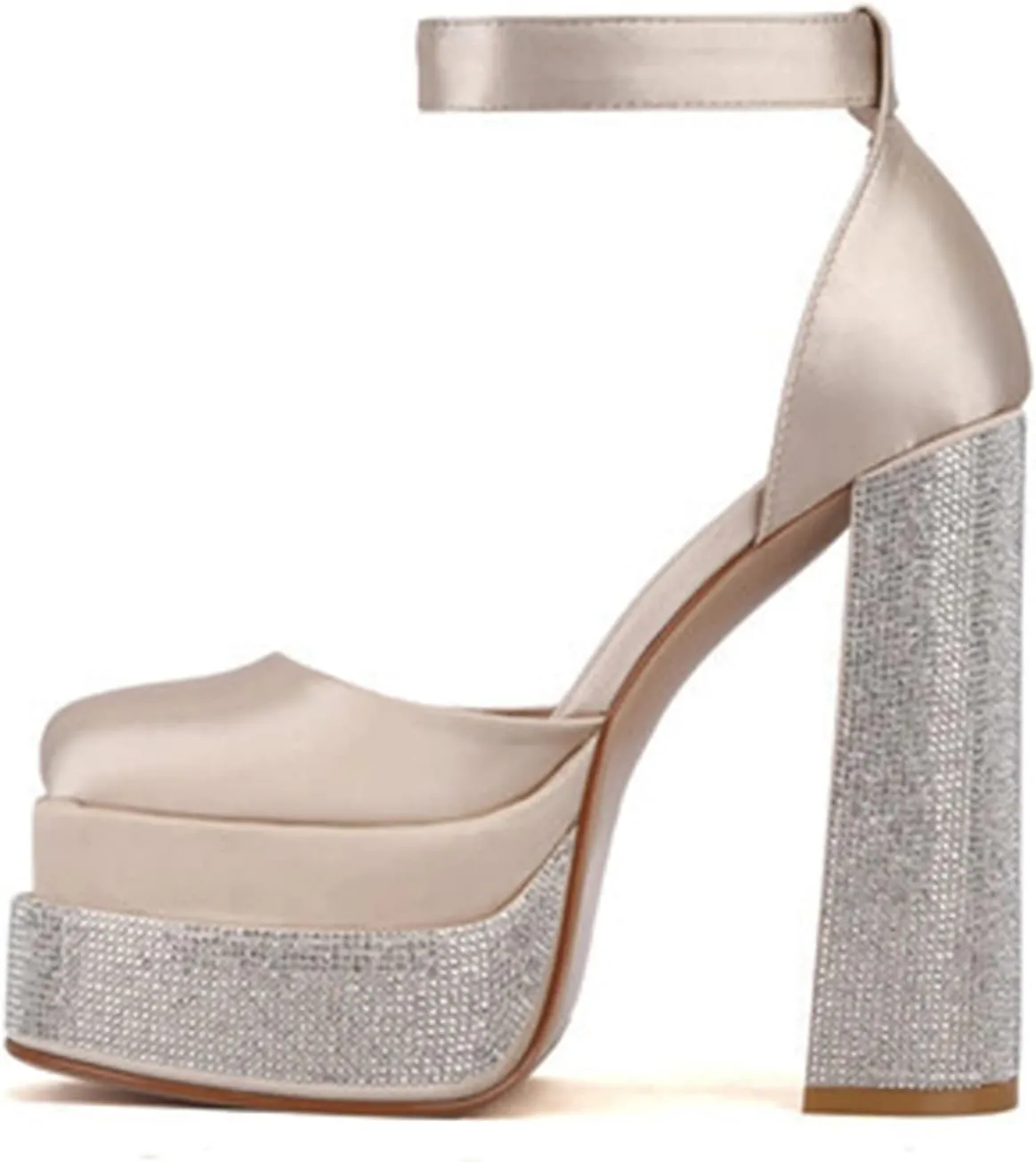 WOilERQ Women Platform Pump Sandals 5.5" Chunky Block Heel Ankle Strap Buckle Closed Square Toe Party Street high Heels Rhinestone Evening Party Dress Shoes,Gold,5
