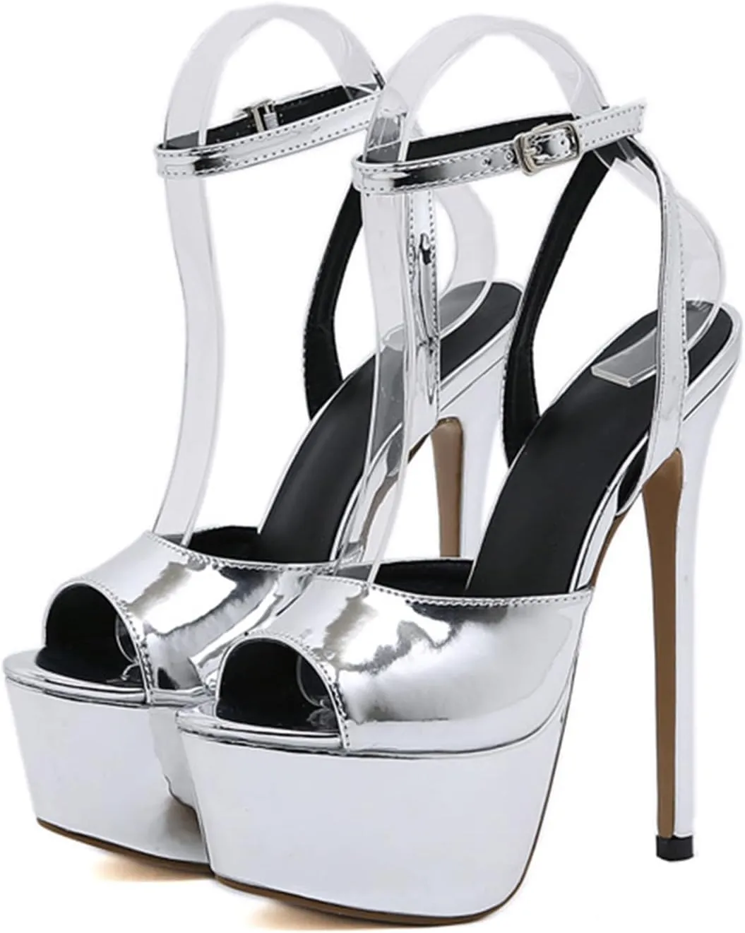 WOilERQ Womens Dress Evening Platform Sandals Pump Buckle Solid Ankle Strap Open Toe Stiletto High Heel Heeled Sandals 6.3 Inch Show Dress Shoes