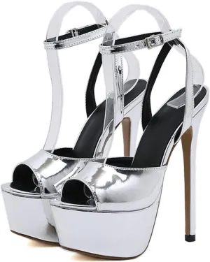 WOilERQ Womens Dress Evening Platform Sandals Pump Buckle Solid Ankle Strap Open Toe Stiletto High Heel Heeled Sandals 6.3 Inch Show Dress Shoes