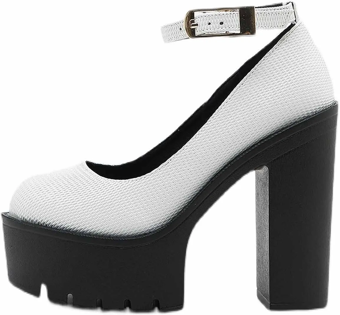 WOilERQ Women's High Heel Platform Pump Chunky Block High HEE Round Head One Word Buckle Shallow Mouth Single Shoe Classic Dress Party Office Shoes,White,37