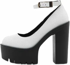 WOilERQ Women's High Heel Platform Pump Chunky Block High HEE Round Head One Word Buckle Shallow Mouth Single Shoe Classic Dress Party Office Shoes,White,37