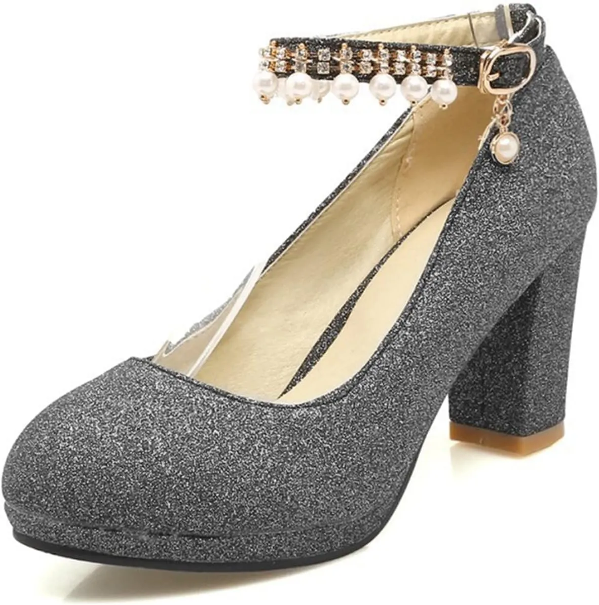 WOilERQ Womens Platform Chunky High Block Heels Pearl Ankle Strap Buckles Round Toe Pumps Fashion Sequins Party Prom Dress Shoes for Women,Black,34
