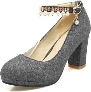 WOilERQ Womens Platform Chunky High Block Heels Pearl Ankle Strap Buckles Round Toe Pumps Fashion Sequins Party Prom Dress Shoes for Women,Black,34